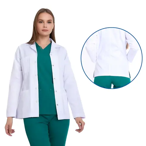 Kısa Boy, Uzun Kollu, Klasik Yaka Doktor Önlüğü, Renk: Beyaz, Beden & Boyut: Medium