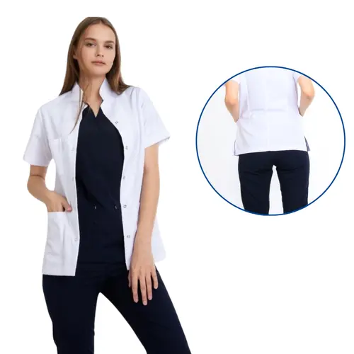 Short-Length, Short-Sleeve, Stand-Up Collar Doctor Coat, Color: White, Size: Medium