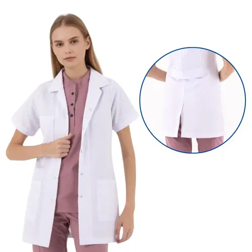 Standard-Length, Short-Sleeve, Stand-Up Collar Doctor Coat, Color: White, Size: Medium