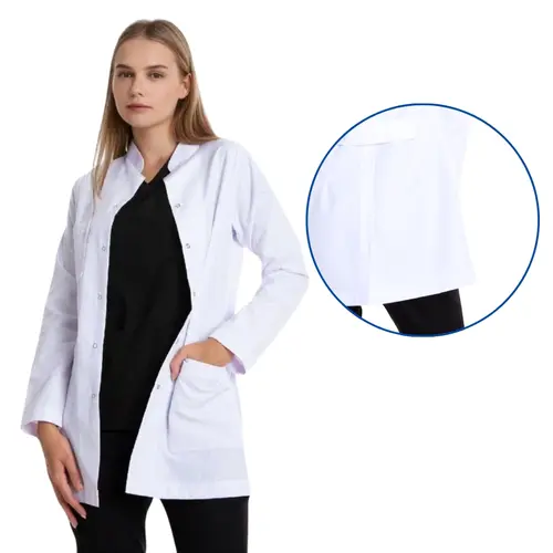 Standard-Length, Long-Sleeve, Stand-Up Collar Doctor Coat, Color: White, Size: Medium