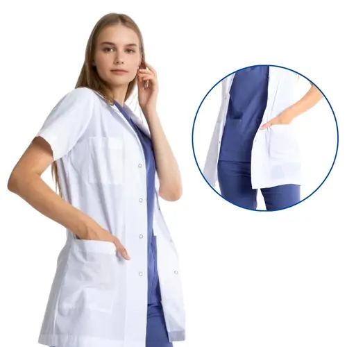 Short-Length, Short-Sleeve, Classic Collar Doctor Coat, Color: White, Size: Medium