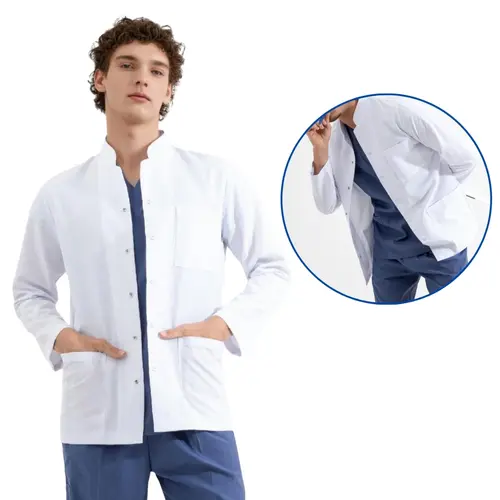 Short-Length, Long-Sleeve, Stand-Up Collar Doctor Coat, Color: White, Size: Medium