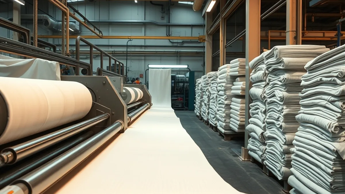 Kumaş finishing işlemleri sırasında apre ve fiksaj makinelerinden geçen kumaş topunun fabrikadaki görünümü
