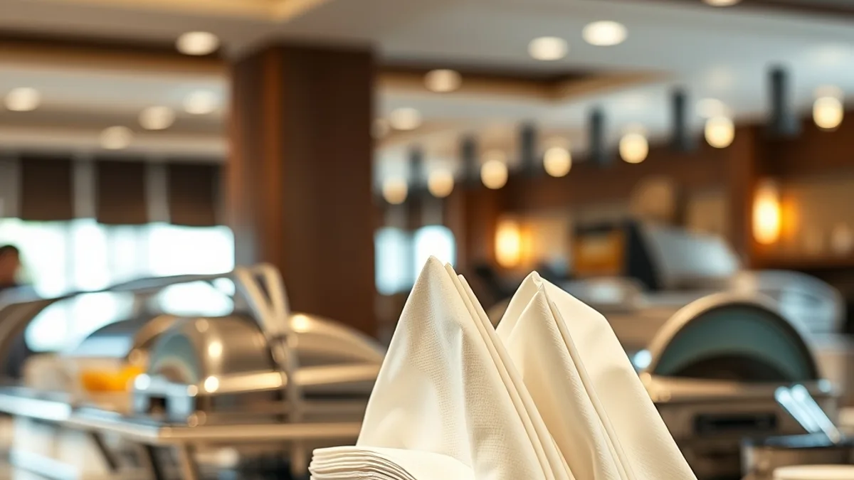 Açık büfe kahvaltı salonunda peçete tutucusunda duran katlanmış beyaz otel peçeteleri, sıcak sabah ışığı