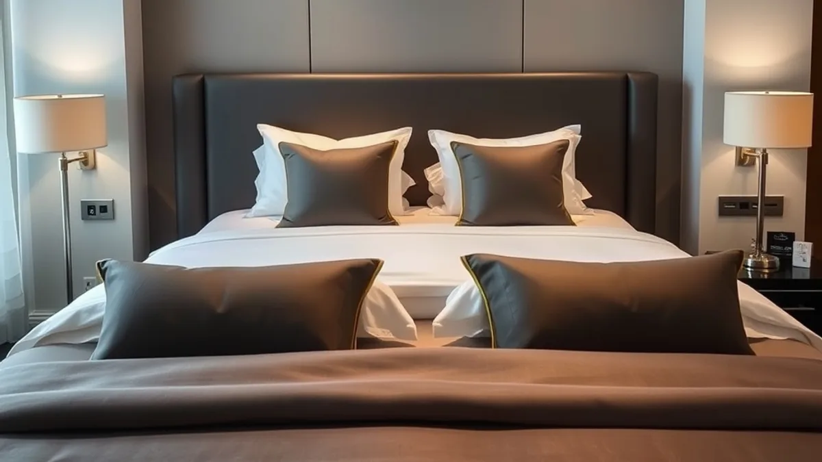 Otel yastığı nedir sorusunun farklı kullanım alanlarını gösteren, şık ve konforlu bir otel süiti yatak düzenlemesi