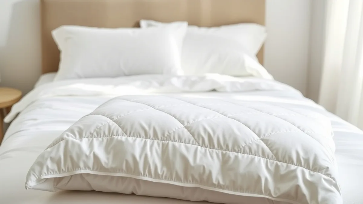 Otel yorganı nedir: beyaz nevresimli yatakta katlanmış kapitone yorgan, temiz çarşaflar ve otel odası dekoru