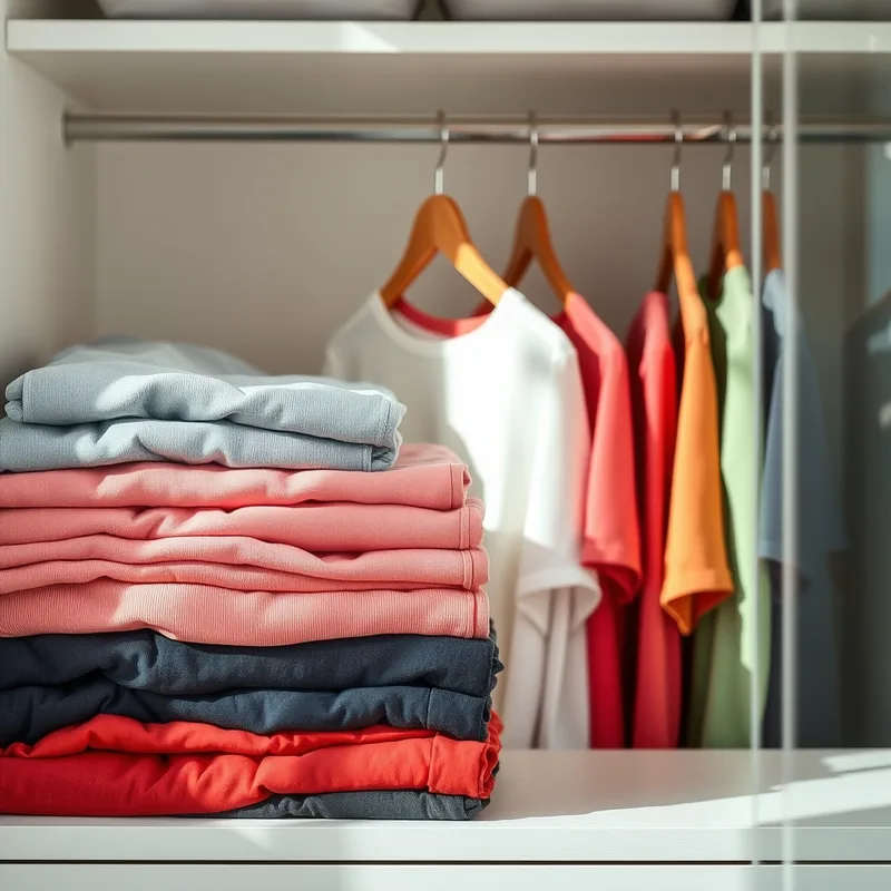 Gardıpta asılı spor ve günlük giyim olarak kullanılan çeşitli polyester kumaş ürünlerinin düzenli görünümü