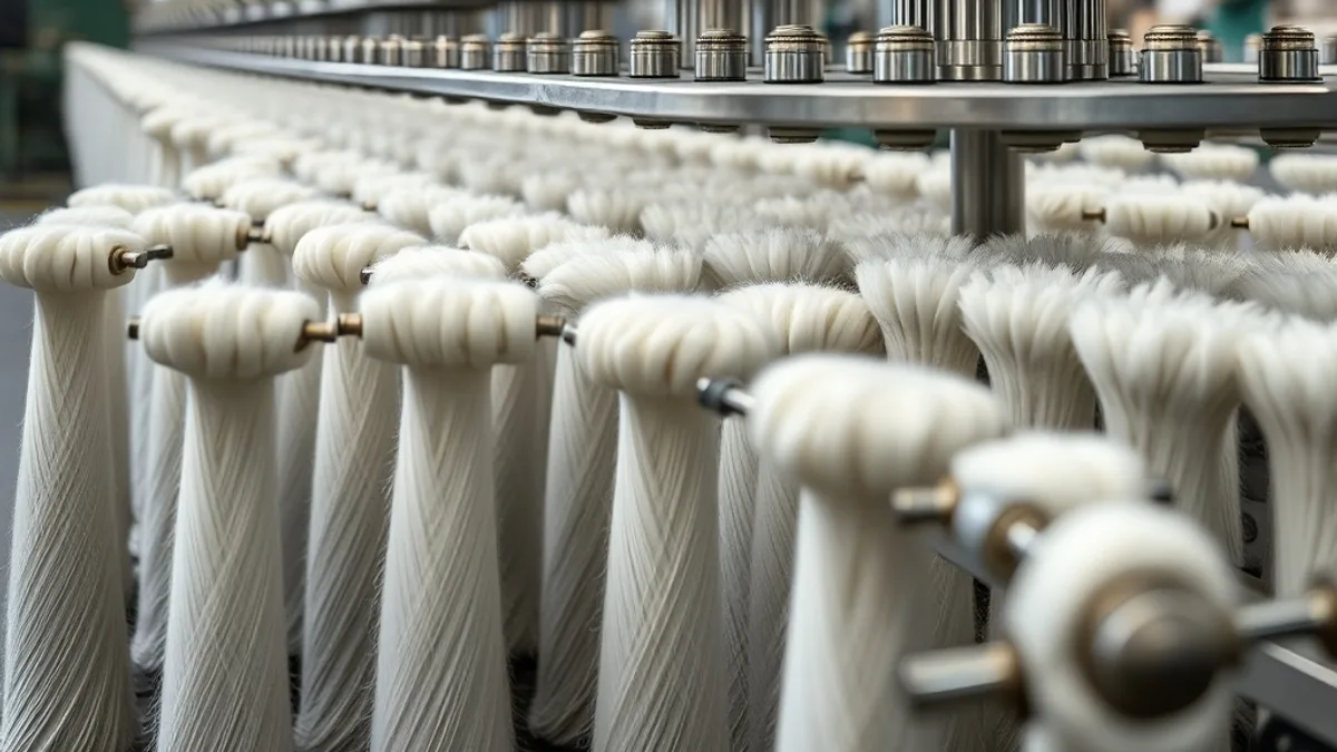 Ring iplik üretiminde kullanılan ring eğirme makinesinin iğleri ve kopça sistemi, tekstil fabrikasında yakın çekim