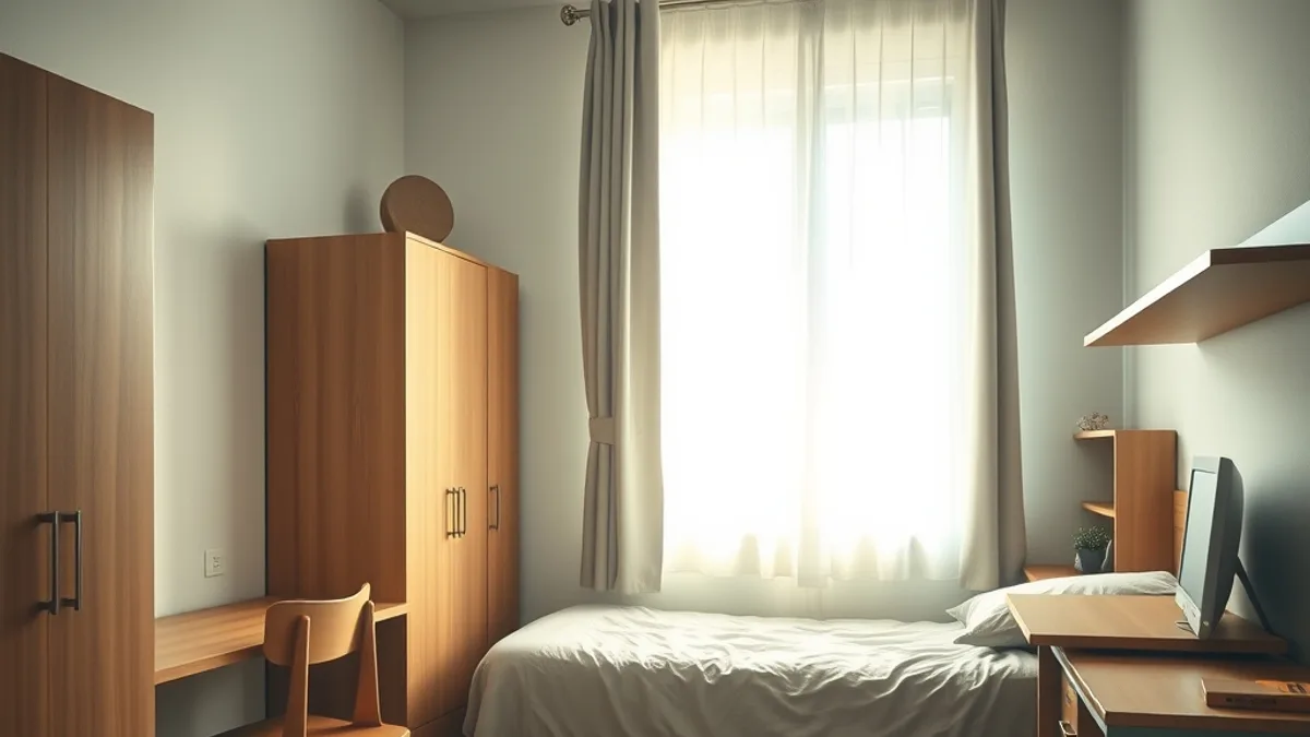 Tek kişilik nevresim kullanılan öğrenci yurdu odasında düzenli yatak ve çalışma masası